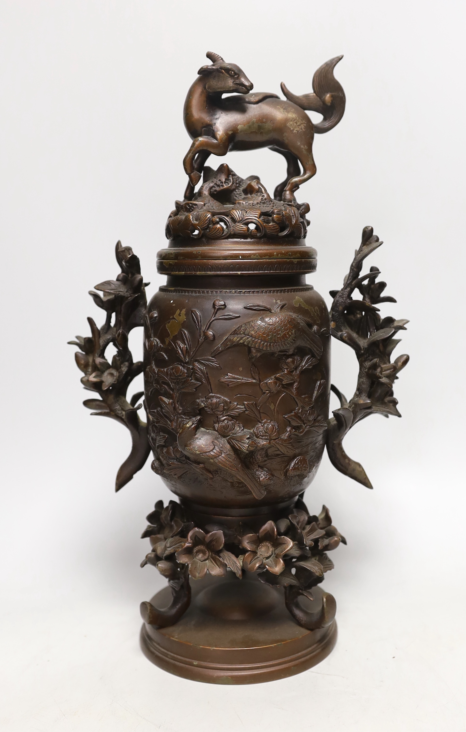 A Japanese Meiji period bronze koro and cover, 36cm